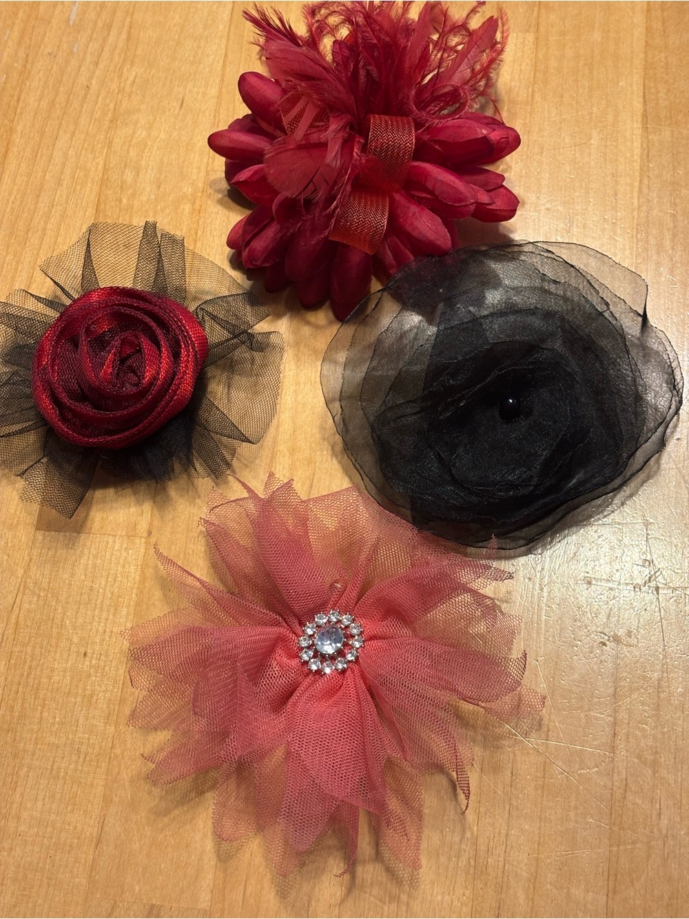Set of Pink, Red, and Black Floral Mesh Hair Clips